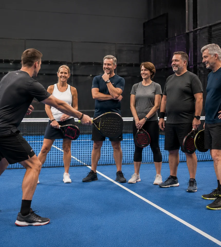 Gruppentraining auf einem Padelcourt im Padelpark
