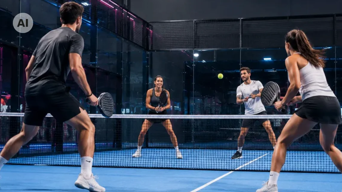 Firmenmitarbeiter spielen Padel auf einem modernen Padelplatz im Padelpark