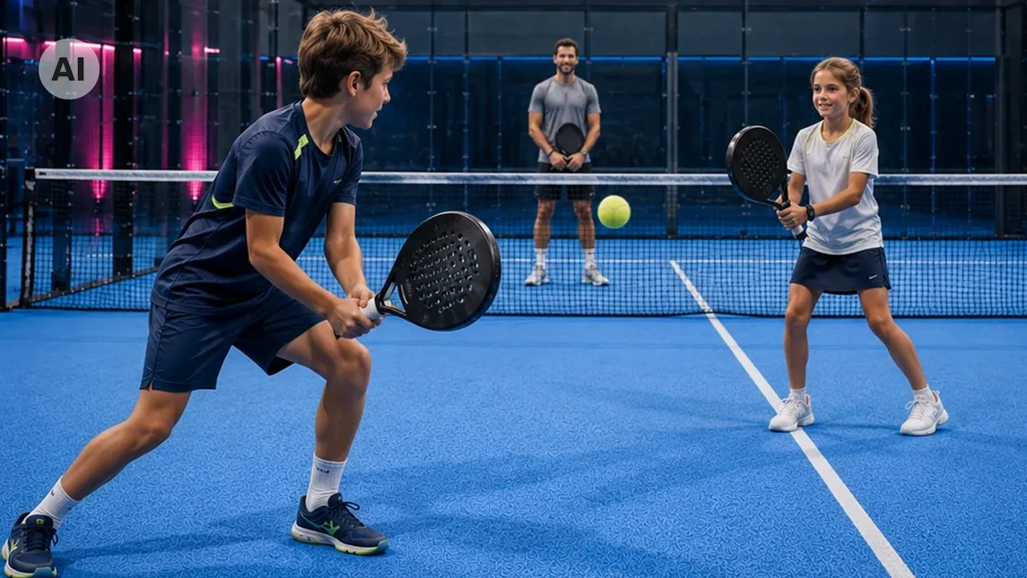 Zwei Kinder trainieren Padel mit ihrem Trainer auf einem Padelcourt