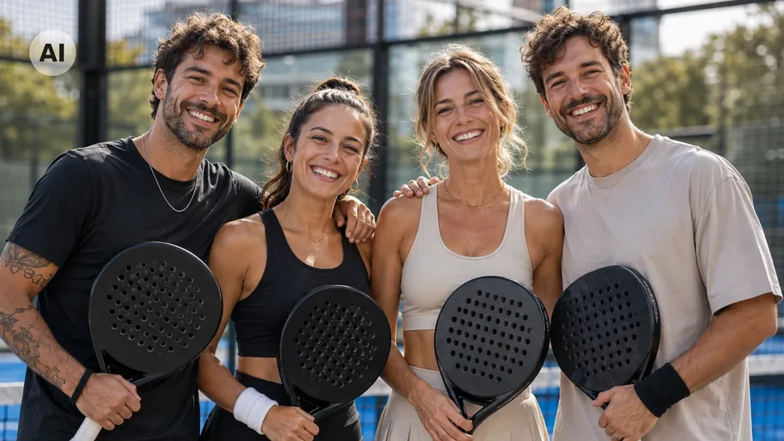 eine Gruppe von Padelspielern vor einem Padelcourt